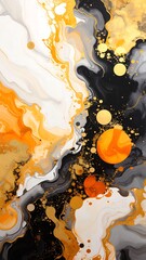 Abstract marbled artwork with orange, gold, and black