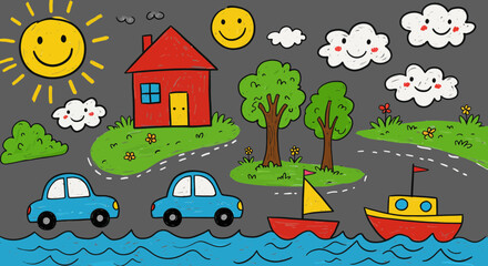 Naklejka premium Childlike drawing showcasing a whimsical landscape with cars, boats and happy skies