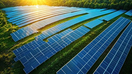 Solar panels field at sunset