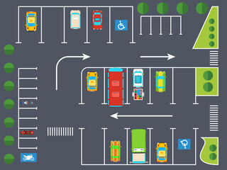 carpark disabled parking lots places car park top view organized aligned vehicles road markings lines accessible zones people disability illustration