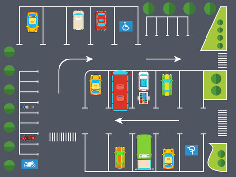 carpark disabled parking lots places car park top view organized aligned vehicles road markings lines accessible zones people disability illustration