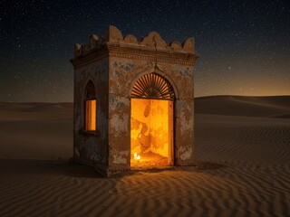 An ancient, crumbling stone structure glows warmly from within, standing isolated amidst vast desert sand dunes under a starry night sky.