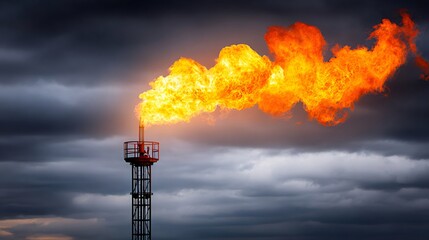Gas flare burning on offshore platform emitting toxic gases at twilight