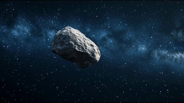 Massive asteroid traveling through dark cosmic expanse, revealing expansive starry milky way galaxy backdrop with dramatic celestial landscape surrounding rocky space object