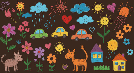 Obraz premium Colorful children's drawing with flowers, cars, suns, clouds, and hearts on brown background