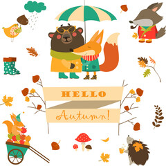Cartoon characters and autumn elements. Vector collection