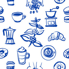 Sketch coffee and bakery seamless pattern. Hand drawn whimsical isolated vector illustration.