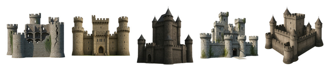 Fototapeta premium Castle set including various architectural styles, intact, and ruined fortresses isolated. Medieval architecture collection.