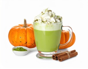 Warm pumpkin spice matcha latte drink with whipped cream and cinnamon sticks beautifully displayed with fresh orange pumpkins on a white background.