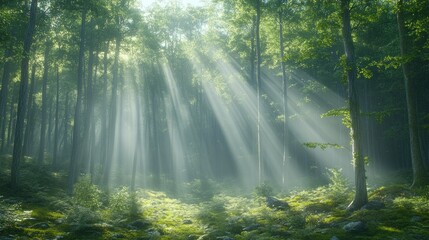 Obraz premium Sunlight streams through a misty forest