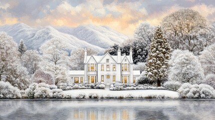 A serene winter landscape featuring a majestic house surrounded by snow-covered trees and a peaceful lake reflects the colors of dawn, Ideal for holiday marketing, home decor, or seasonal artwork,