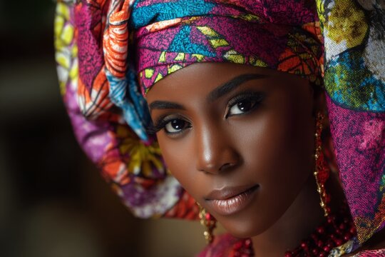 A woman showcases her beauty sporting a colorful head wrap and intricate jewelry. Her confident gaze reflects culture and poise, set against a softly blurred backdrop