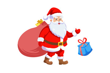 Fototapeta premium A cheerful Santa Claus with a bag of gifts on a snowy winter background, ready for the Christmas holiday celebration