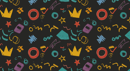 Naklejka premium Playful pattern design with geometric shapes and hand drawn elements on dark background