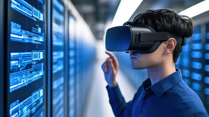 A professional wearing a VR headset interacts with digital data displays in a modern server room, representing the convergence of technology and innovation, Ideal for tech, virtual reality