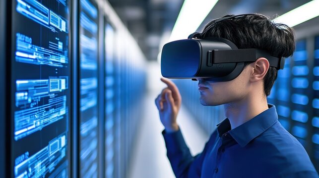 A professional wearing a VR headset interacts with digital data displays in a modern server room, representing the convergence of technology and innovation, Ideal for tech, virtual reality - Powered by Adobe