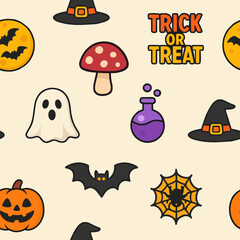 Halloween vector seamless pattern with pumpkin, ghost, spider, cobweb, fly agaric, potion, ghost and moon, trick or treat