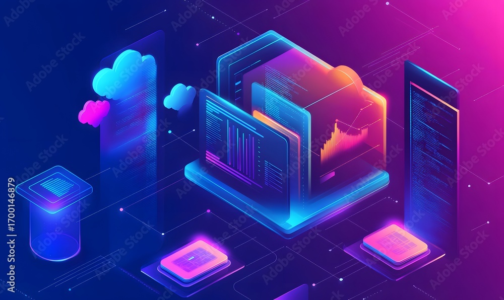 Poster an abstract representation of cloud computing and digital data, showcasing futuristic elements and v