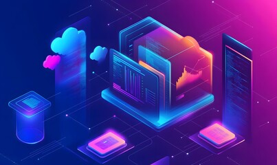 An abstract representation of cloud computing and digital data, showcasing futuristic elements and vibrant neon colors. Perfect for illustrating modern technology concepts.
