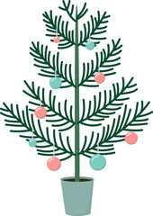 Christmas tree decorated with pink and light blue balls. Pine in pot isolated on white background