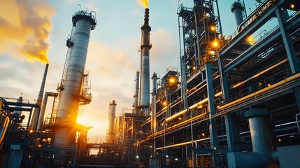 A vibrant oil refinery stands tall against a sunset, showcasing towering smokestacks and intricate piping