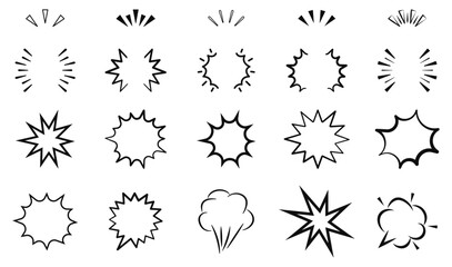 Explosion icon set. Firework, spark, blast, collision. Bomb explode or explosive blast clouds. Boom icons for comic book. Trendy bursting design elements. Vector illustration.