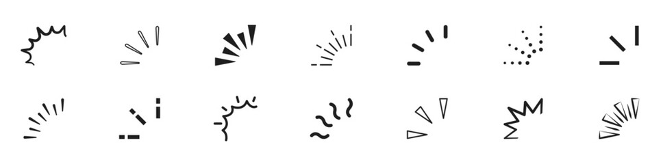 Doodle sparkle and rays set. Explosion, sunburst, surprise, firework, shine, twinkle, confetti. Trendy bursting rays design elements. Vector illustration.