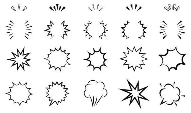 Explosion icon set. Firework, spark, blast, collision. Bomb explode or explosive blast clouds. Boom icons for comic book. Trendy bursting design elements. Vector illustration.