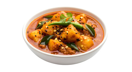 Fototapeta premium Delicious spicy potato curry with green chilies and fresh herbs in a white bowl.