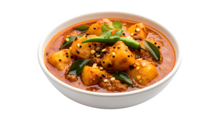 Delicious spicy potato curry with green chilies and fresh herbs in a white bowl.