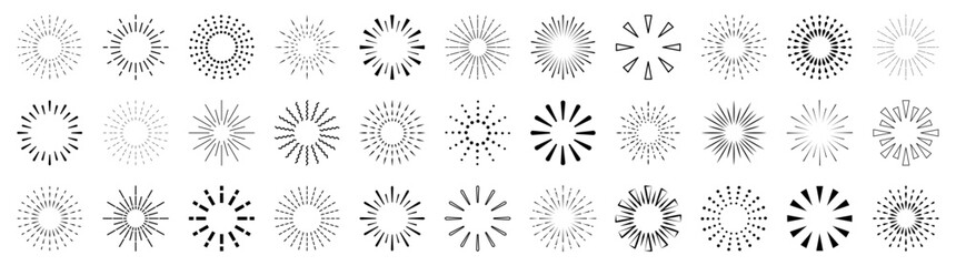 Vintage sunburst in different shapes. Explosion, firework, sparks, shine, twinkle, sun rays. Trendy bursting rays design elements. Vector illustration.