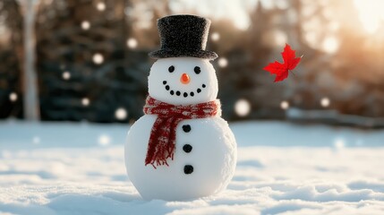 Fototapeta premium A cheerful snowman wearing a black top hat and a red scarf stands in a snowy landscape with a red maple leaf gently falling, This image captures a joyful winter moment, perfect for holiday themes,