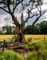Fototapeta premium A large, decaying oak tree stands in a field, its trunk fractured and showing signs of damage.