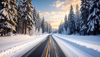 Obraz premium A scenic winter landscape unfolds along a paved road, lined by snow-laden evergreens under a serene sky.