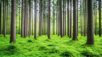 A serene forest scene featuring tall trees surrounded by lush green undergrowth, perfect for wellness, nature articles, outdoor activities, or environmental projects
