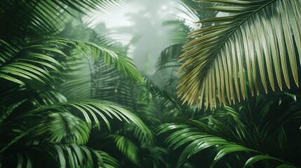 Fototapeta premium Lush green palm leaves create a tranquil jungle atmosphere, perfect for nature-related projects, backgrounds, or promoting eco-friendly themes, The vibrant foliage enhances designs with richness,
