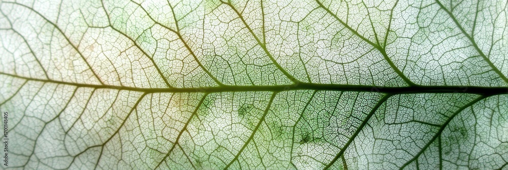 Poster close-up view of a translucent leaf showcasing detailed vein patterns with a soft gradient of green 