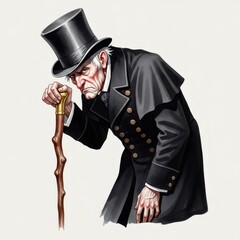 Old man with a top hat holding a cane, portraying an unhappy and grumpy vintage character for Christmas and festive season.