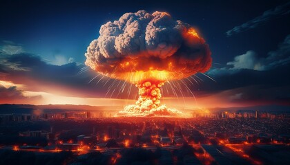 nuclear bomb explosion with mushroom cloud made of fire and smoke over a dark city at night