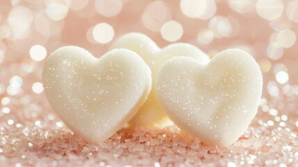 Fototapeta premium Close up of sparkling heart shaped candies on soft pink background for valentine s day