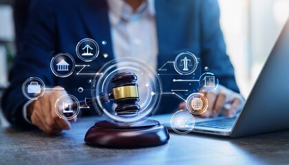 law legal technology concept judge gavel and computer on desk of lawyer with legal icon