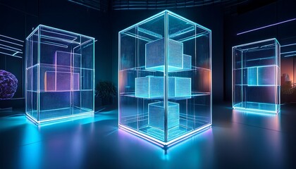 futuristic neon display of data cubes in glass cases exhibition