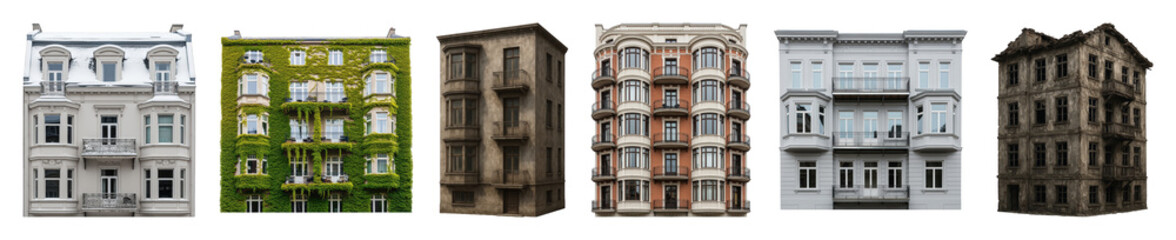 Fototapeta premium Building facade set including neoclassical, weathered, ivy-covered, and modern styles isolated. Architectural elements and urban design.