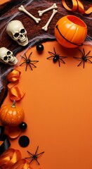 Halloween-themed composition featuring skulls, spiders, pumpkins, bones, and decorations on an orange background.