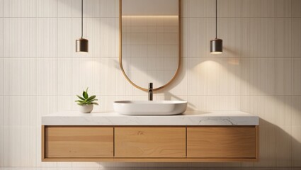 Modern bathroom vanity with vessel sink and oval mirror