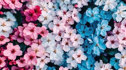 A vibrant display of pink, white, and blue flowers creates a cheerful backdrop perfect for spring themes, gardening, or floral artistry, Ideal for use in invitations, advertisements