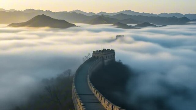The Great Wall of China its ancient stone structure amidst a sea of lowlying clouds distant mountains silhouetted