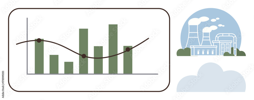 Poster bar chart with trend line indicating data analysis beside factory and emission graphics. ideal for s