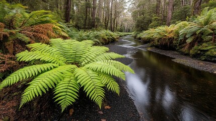 A serene landscape featuring lush ferns alongside a tranquil stream, surrounded by towering trees, evoking a sense of natural beauty, Ideal for nature-themed projects, environmental awareness