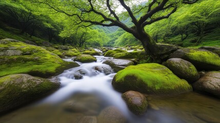 A serene landscape captures a flowing stream surrounded by lush greenery and moss-covered rocks, This tranquil scene is ideal for nature-related content, relaxation themes, or environmental awareness